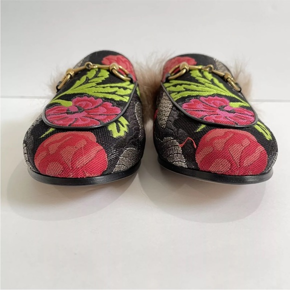 Gucci Princetown Brocade Fur Trim Floral Mule Size 36 Black Anthracite Loafers - Picture 4 of 9